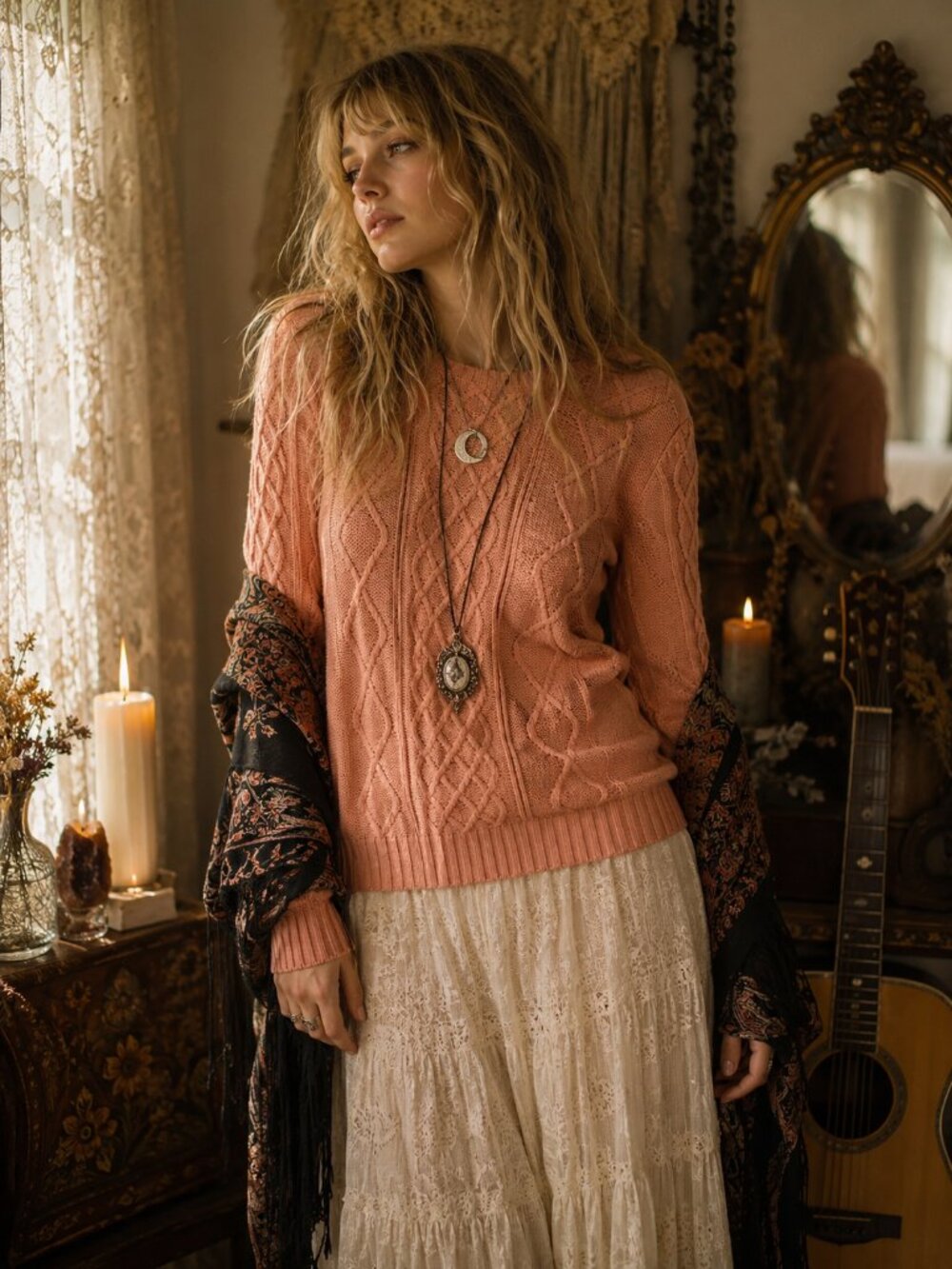 Cable Knit Sweater | Soft Peach Cozy Cottagecore Boho Pullover